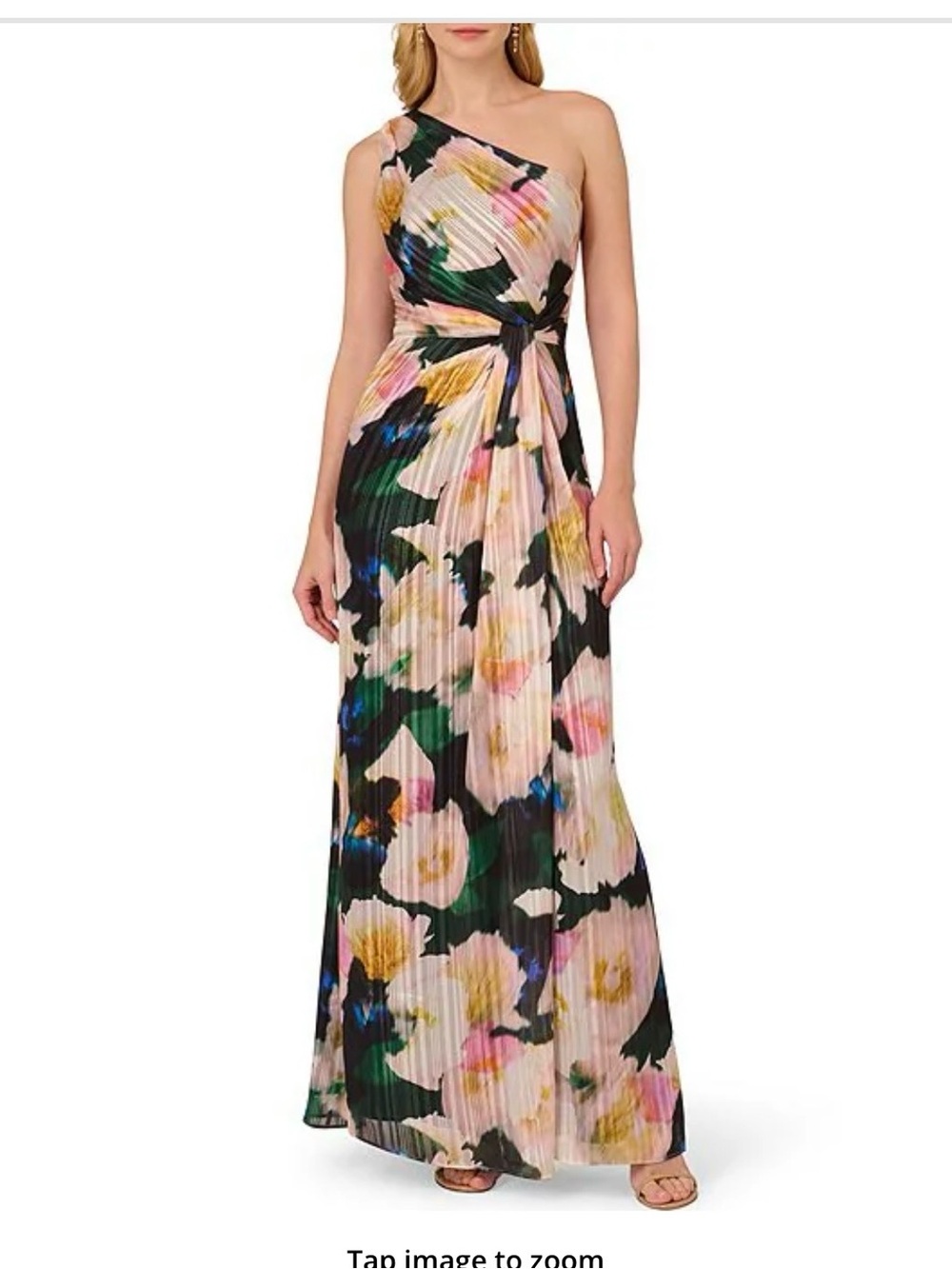 Adrianna Papell One-Shoulder Floral Pleated Maxi Dress in Pink and Green